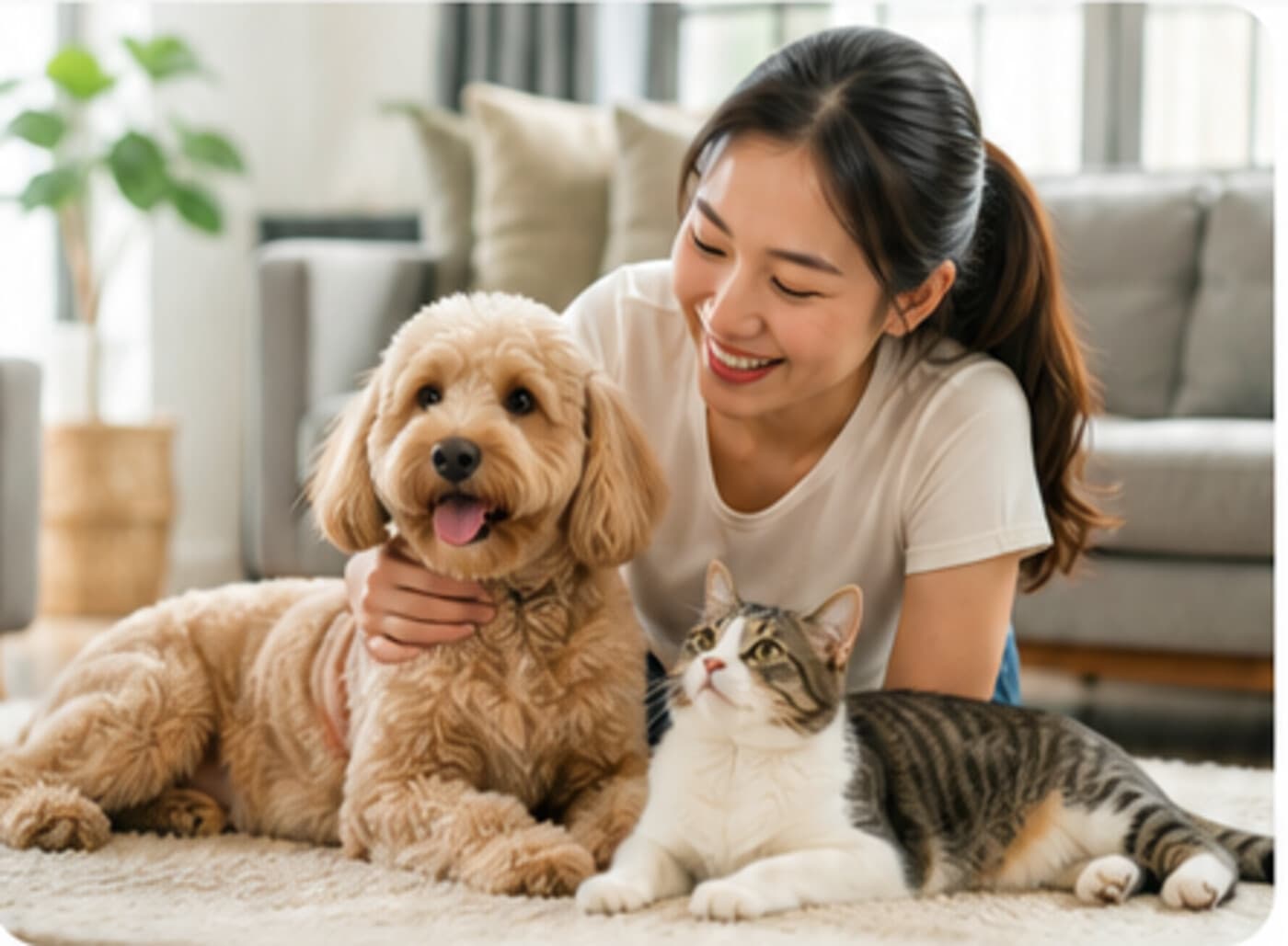 Caregiver relaxing at home with happy pets